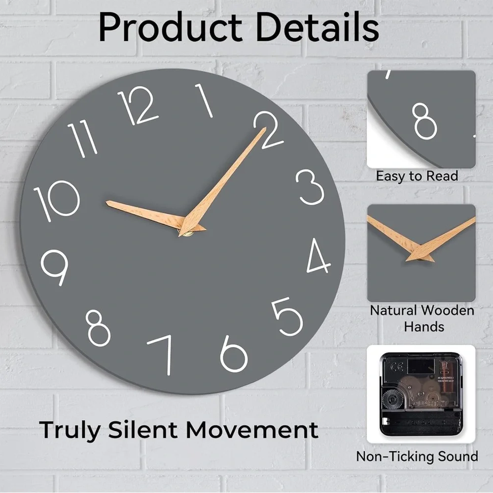 Modern Silent Non-Ticking 8 inch Wall Clock Wooden Handle Grey/White NWOT